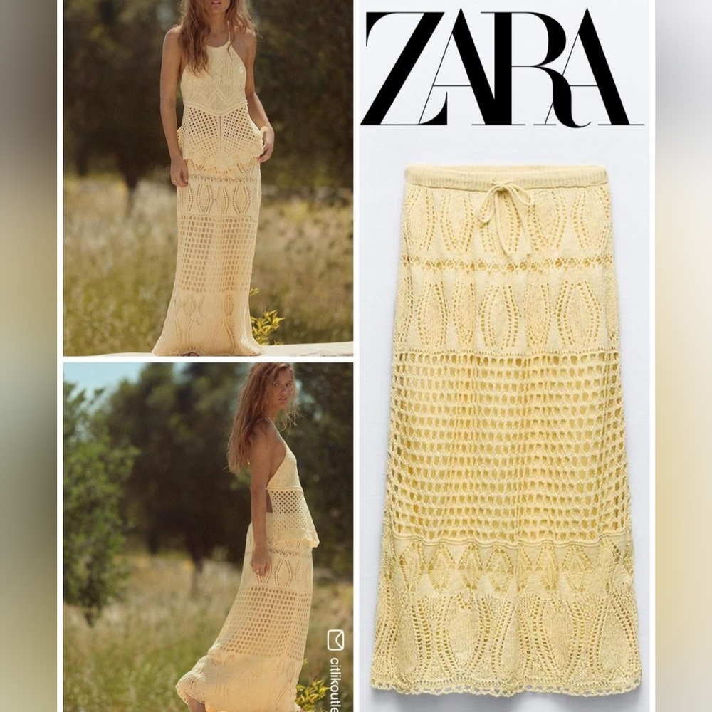 Zara Pale Yellow Crochet Knit Maxi Skirt Boho High Waisted Cream NWT Large - Picture 2 of 12